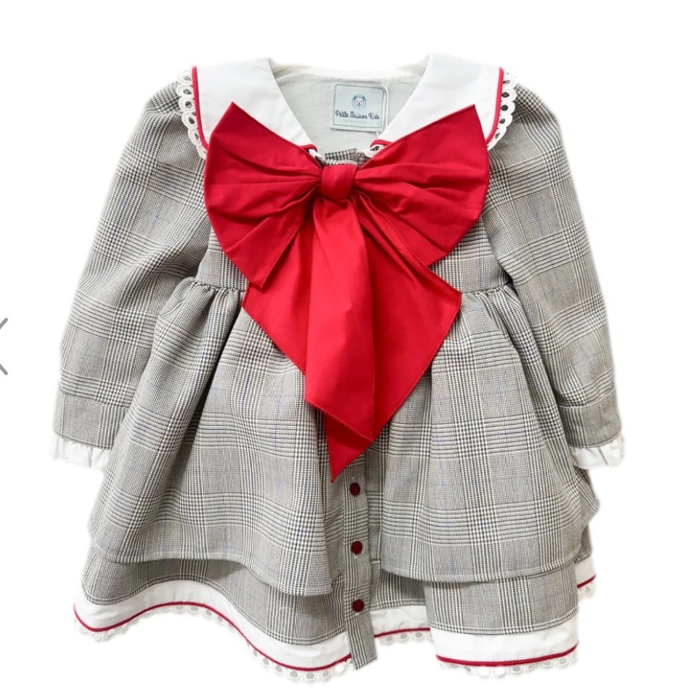 Petite Maison Georgina Tartan Print Dress Gray Plaid with Red Bow